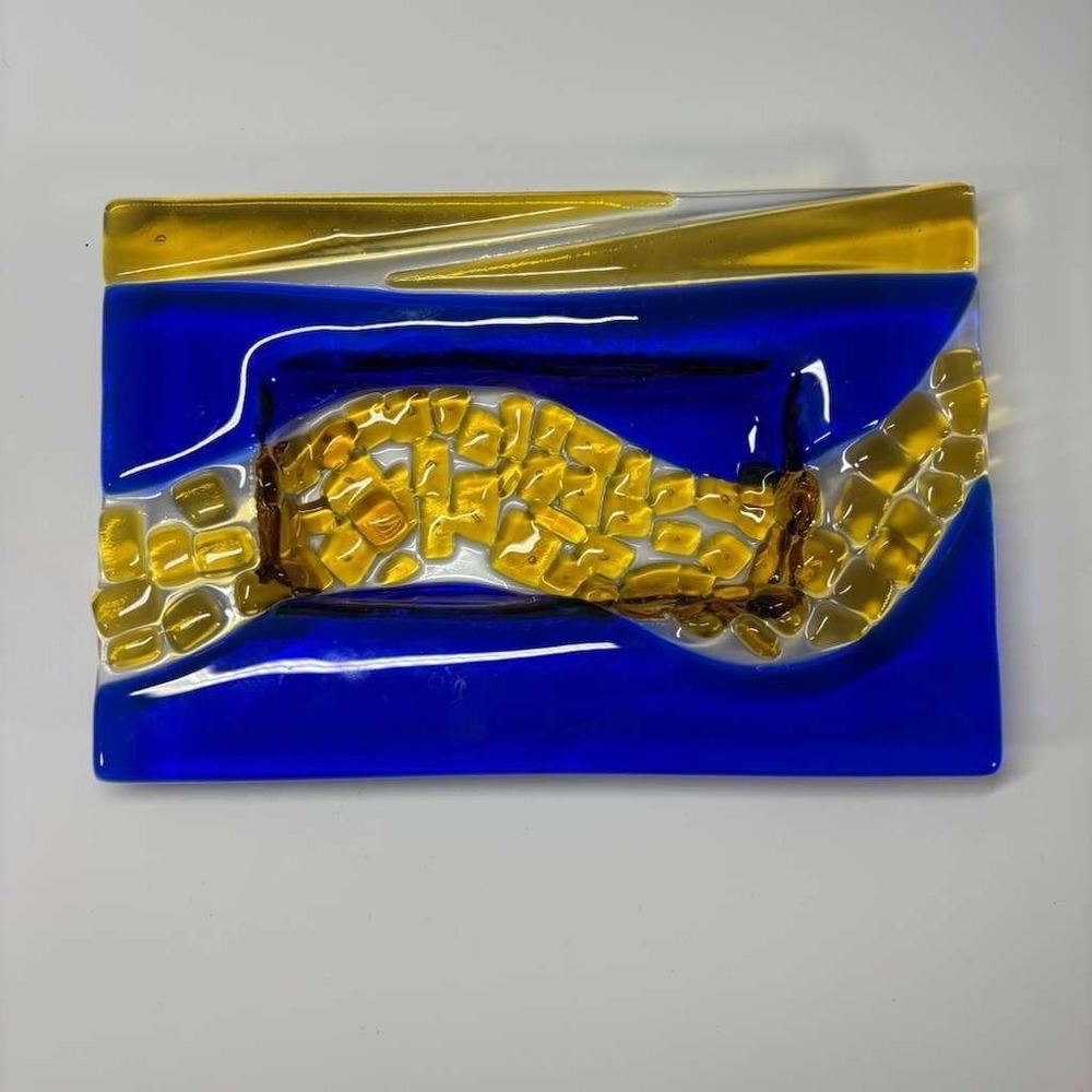 Vintage Fused Art Glass Geometric Rectangle Plate Dish Decorative Blue‎ Yellow